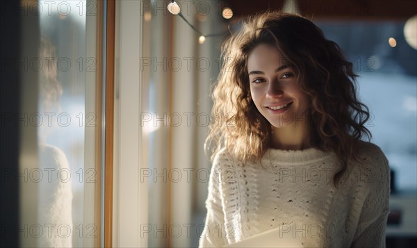 Beautiful woman stand near the window and smile Ai generated