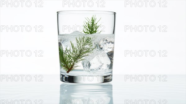 Glass of water with ice cubes and cannabis leaf on white background Ai generated