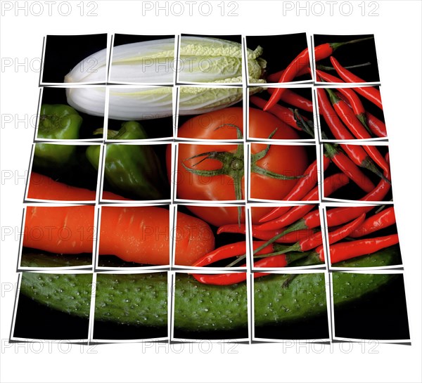 Assorted vegetables on black background collage composition of multiple images over white