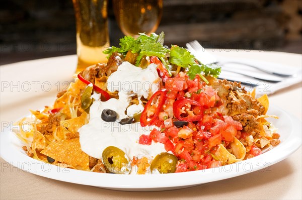 Fresh nachos and vegetable salad with meat