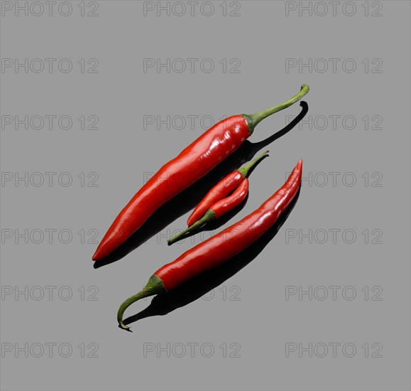 Fresh red chili peppers over grey reflective surface