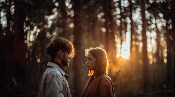 Beautiful fashionable couple in love in the forest at sunset in autumn