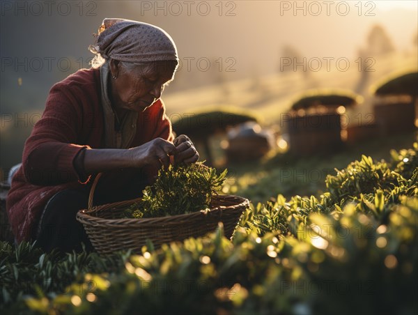 An Indian woman in traditional clothing picking tea on a tea plantation