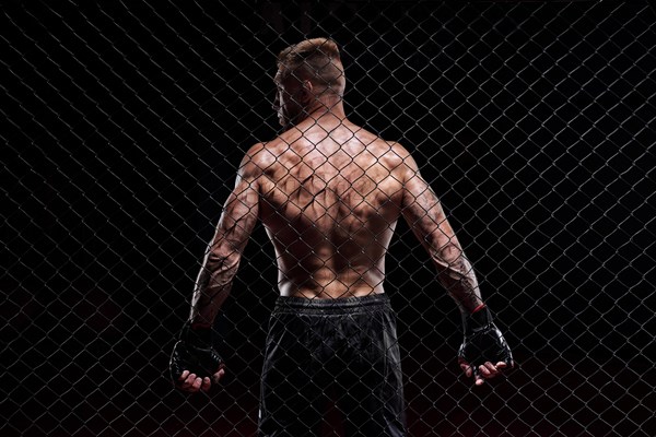 Dramatic depiction of a fighter in an octagon cage. Back view. The concept of sports