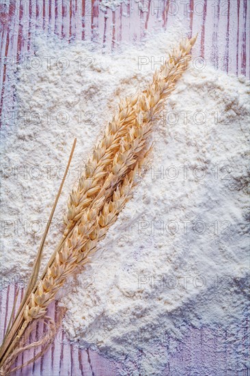 Ears of rye on white natural flour and vintage wooden boards Food and drink concept