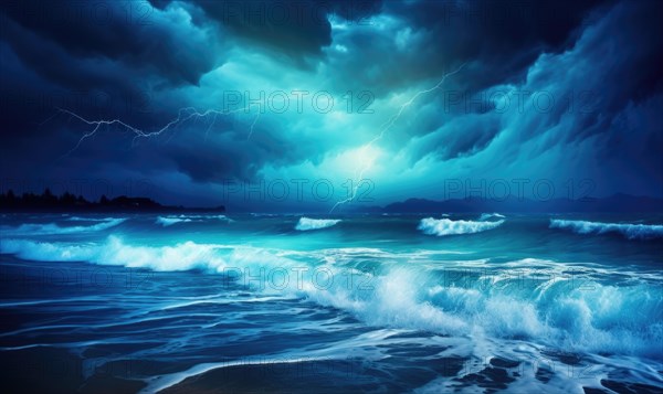 Beautiful seascape. Dramatic sky with stormy ocean waves Ai generated