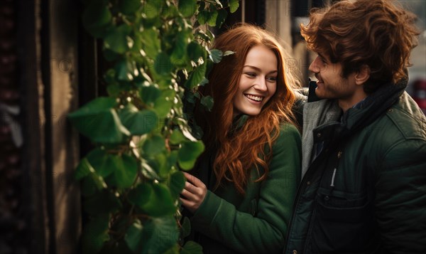 Young couple smiling together near home door decorated with mistletoe. Christmas holidays Ai generated