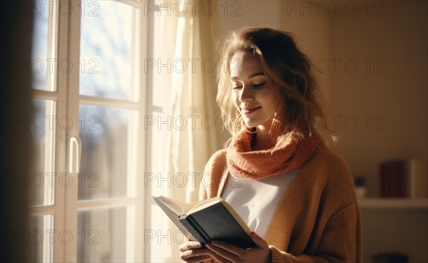 Beautiful woman stand near the window and read a book Ai generated