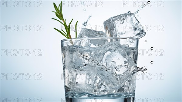 Glass of water with ice cubes and cannabis leaf on white background Ai generated