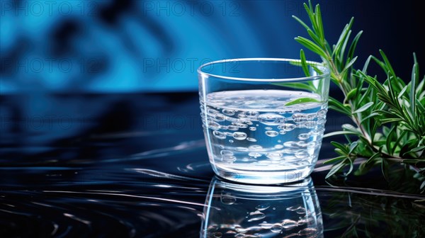 A transparent glass filled with water accompanied by a green plant on a reflective surface