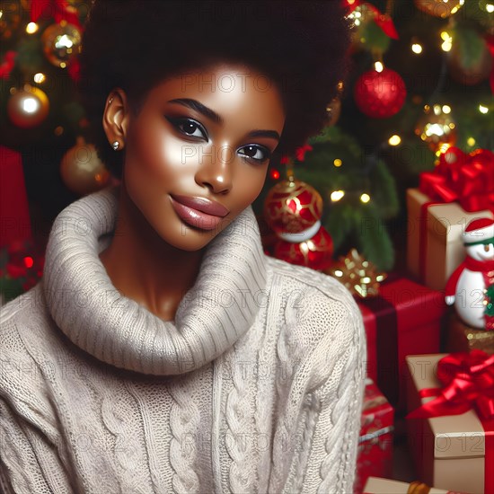 Portrait of a young cheerful woman with red lips and curly hair in a knitted sweater smiles and holding a red Christmas ball covering her eyes with it against the background of a Christmas decorated Christmas tree at a holiday in December. AI Generated