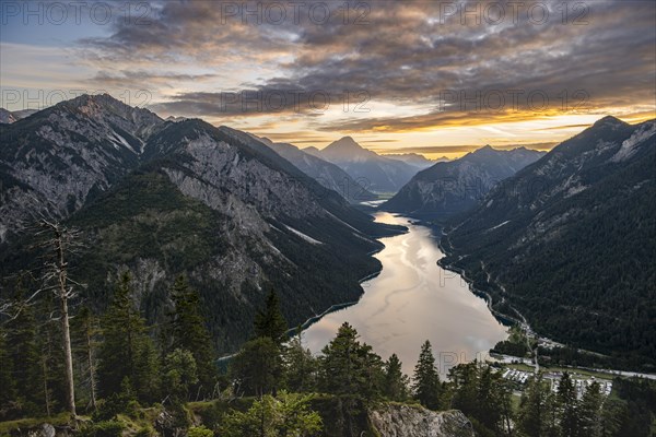 View of the Plansee lake from Schoenjoechl at sunset