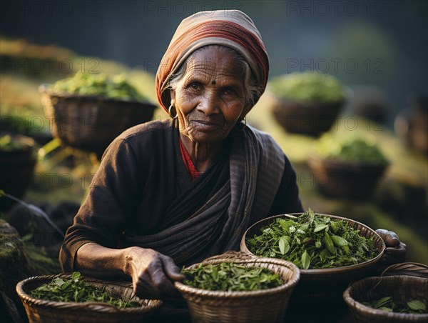 An Indian woman in traditional clothing picking tea on a tea plantation