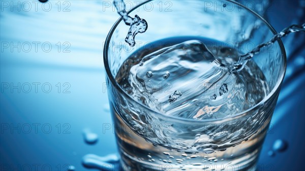 A clear glass filled with water capturing the dynamic splash and droplets in motion under a blue hue