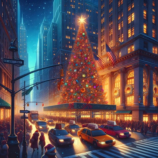 Christmas tree with bright golden sparkling garland on christmas tree in the cuty of New York. New Year atmosphere. Holidays and New Year concept. AI Generated