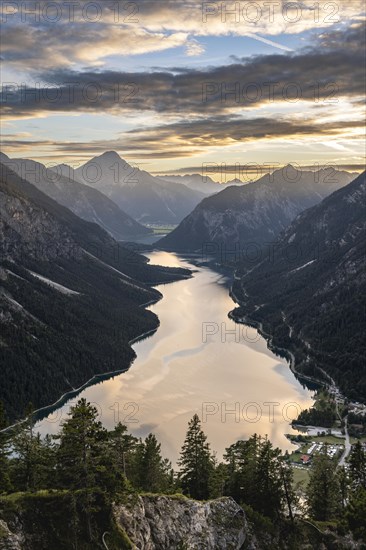 View of the Plansee lake from Schoenjoechl at sunset