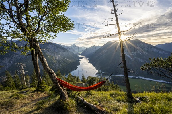 View of Plansee from Schoenjoechl with orange hammock