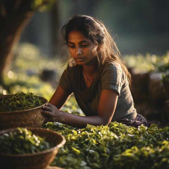 An Indian woman in traditional clothing picking tea on a tea plantation