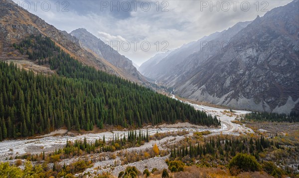 View into the Ala Archa valley from the viewpoint at broken heart rock