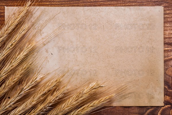 Organised copyspace old blank paper and ears of wheat on vintage wooden board food and drink concept