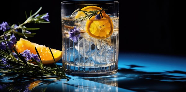 A glass of a cold beverage with ice cubes and lemon slices