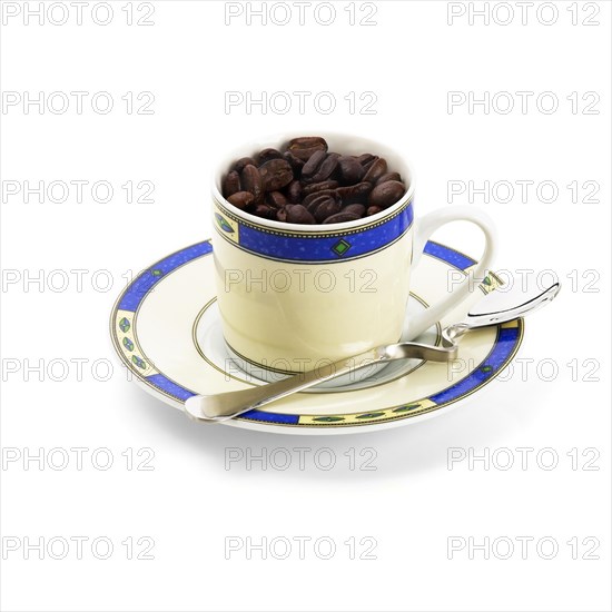 Cup of roasted coffee beans isolated on white background
