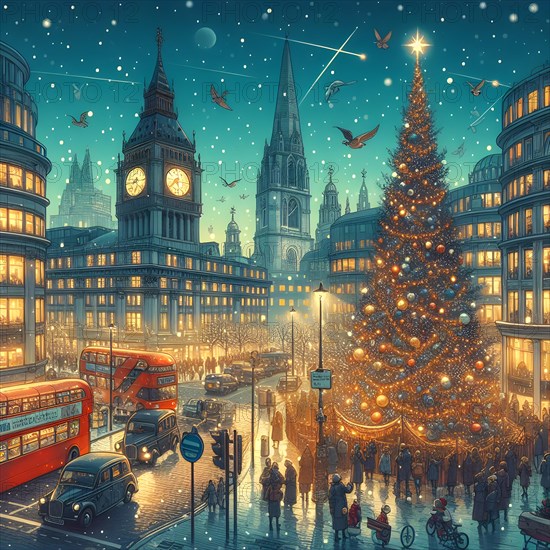 Christmas tree with bright golden sparkling garland on christmas tree in the cuty of London. New Year atmosphere. Holidays and New Year concept. AI Generated