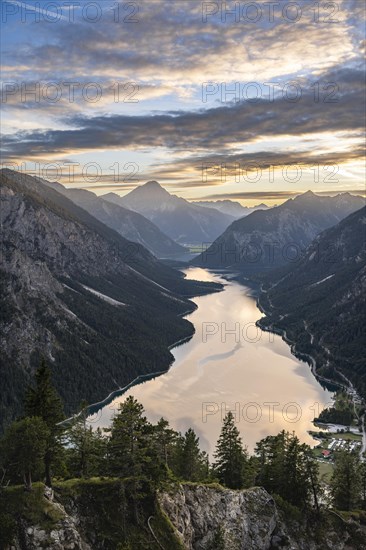 View of the Plansee lake from Schoenjoechl at sunset