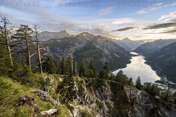 View of the Plansee lake from Schoenjoechl at sunset