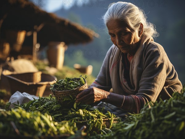 An Indian woman in traditional clothing picking tea on a tea plantation