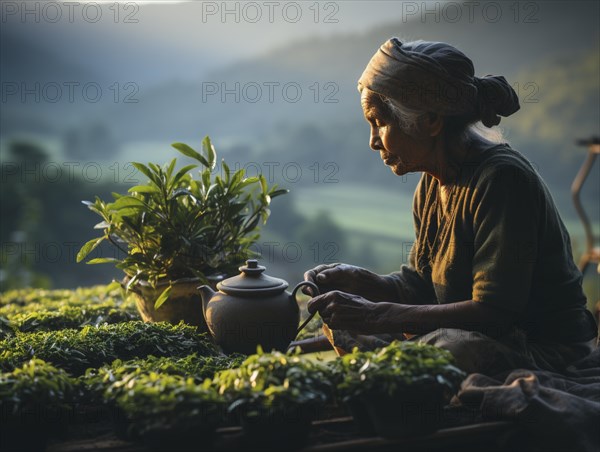 An Indian woman in traditional clothing picking tea on a tea plantation