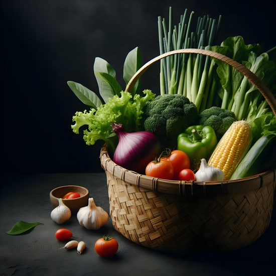 Assorted organic vegetables in a bamboo made basket. AI generated