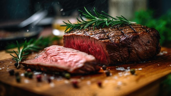 Slices of grilled beef steak on a cutting board with vegetables. Ai generated