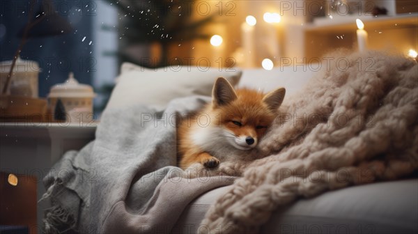 Cute little fox sleeping on sofa in room with Christmas tree and lights Ai generated