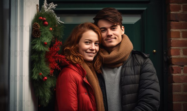 Young couple smiling together near home door decorated with mistletoe. Christmas holidays Ai generated