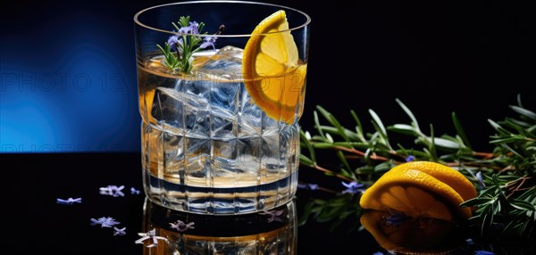 A close-up of a glass filled with ice cubes and lemon slice