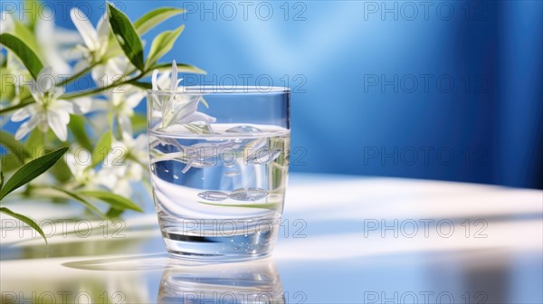 A glass of water with ice cubes placed on a surface