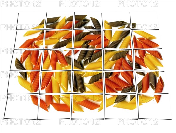 Penne italian pasta on white background collage composition of multiple images over white