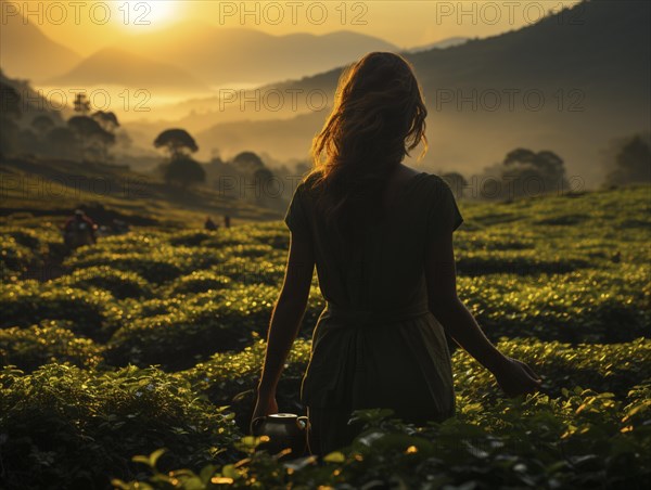 An Indian woman in traditional clothing picking tea on a tea plantation