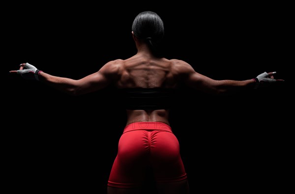 Athletic young woman showing back and arm muscles on isolated black background. Mixed media