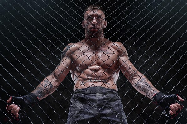 Dramatic image of a mixed martial arts fighter standing in an octagon cage. The concept of sports