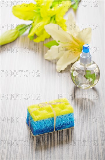 Bath sponge soap flowers and bottle