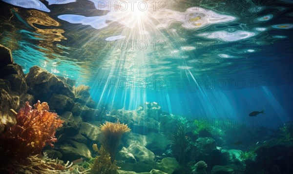 Underwater view of coral reef with sun rays shining through water surface Ai generated