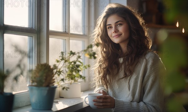 Beautiful woman stand near the window and smile Ai generated