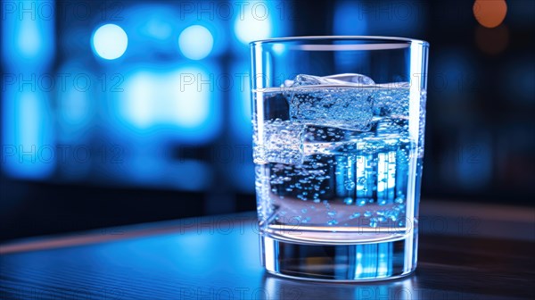 A close-up of a glass of water with ice cubes