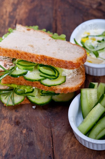 Fresh vegetarian sandwich with garlic cheese dip salad on rustic table