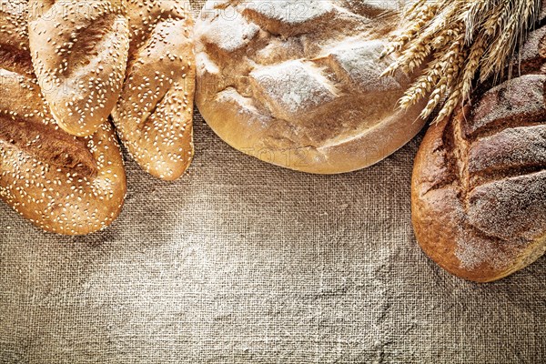 Brown bread breadstick wheat ears on hessian background