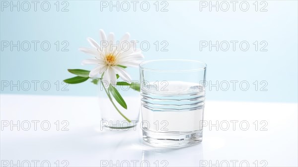 A single white flower in a clear glass beside a glass of water on a white surface