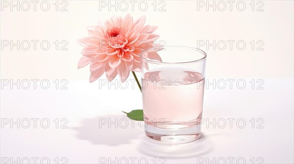 A pink dahlia flower resting on a glass of water set against a white backdrop