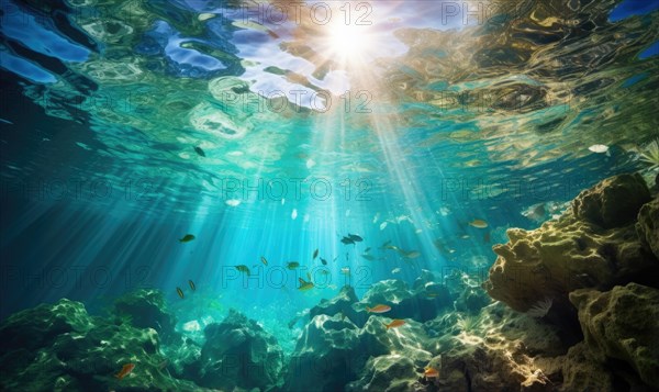 Underwater view of coral reef with sun rays shining through water surface Ai generated